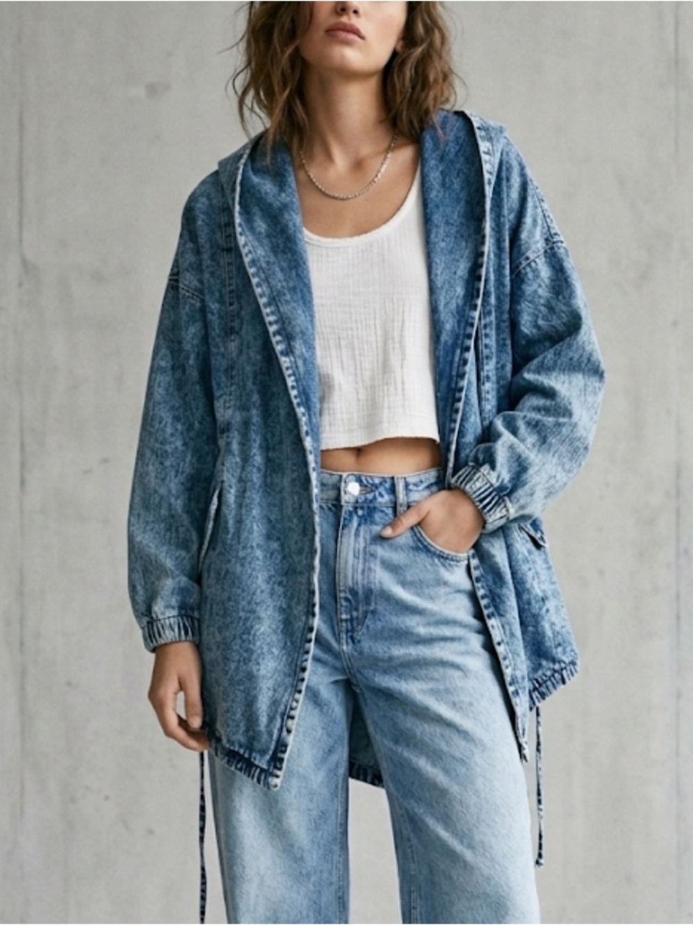 Denim Jacket Acid Wash Hooded Cinched Tie Waist Asymmetric Pockets 90’s